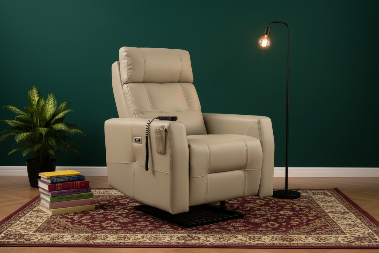 Fauteuil releveur beige dans un salon coloré vert forêt et bordeaux
