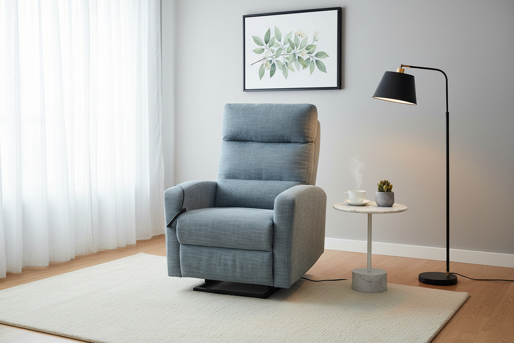Fauteuil releveur bleu-gris dans un salon scandinave lumineux