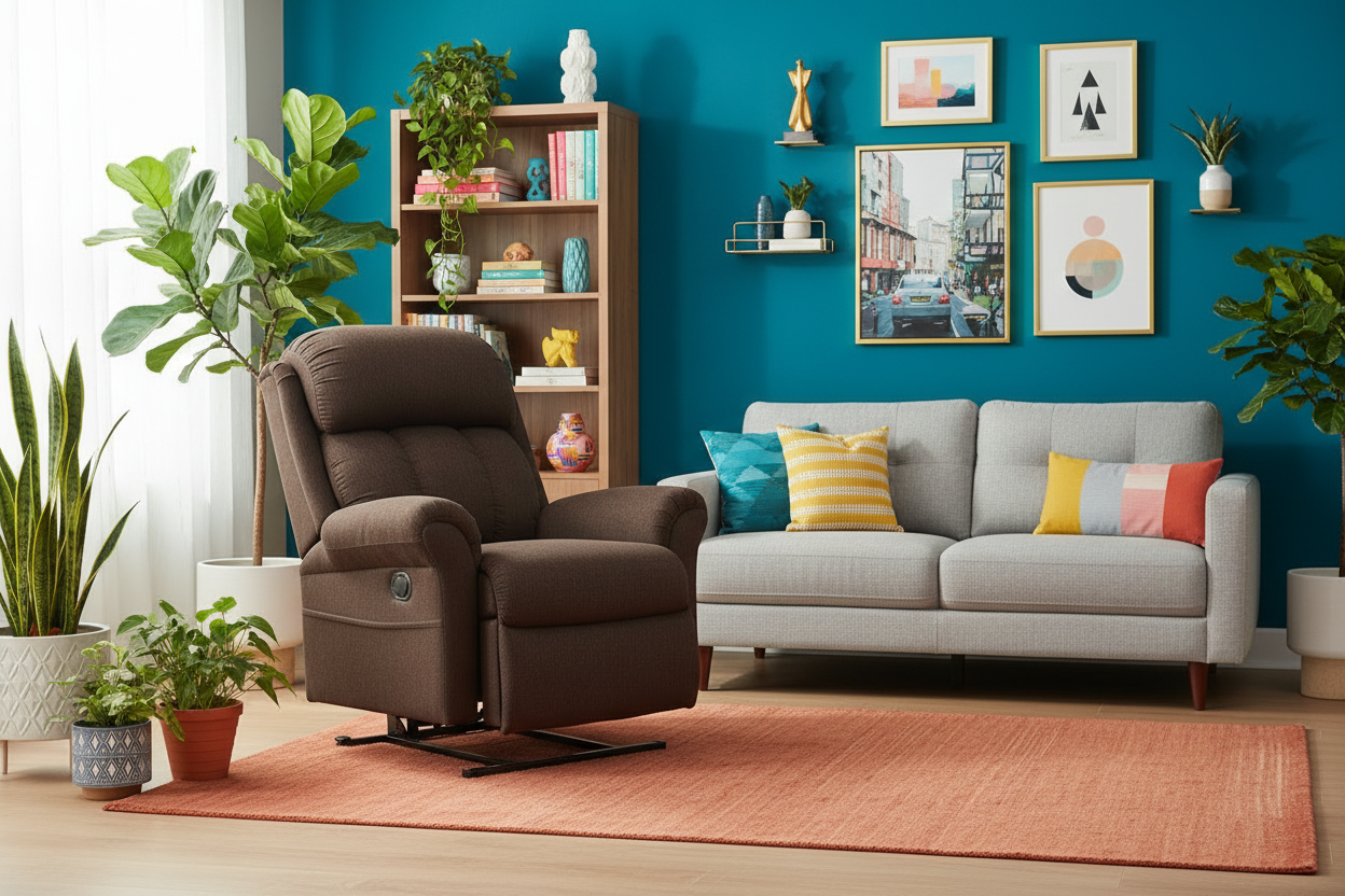 Fauteuil releveur dans un salon coloré et vivant