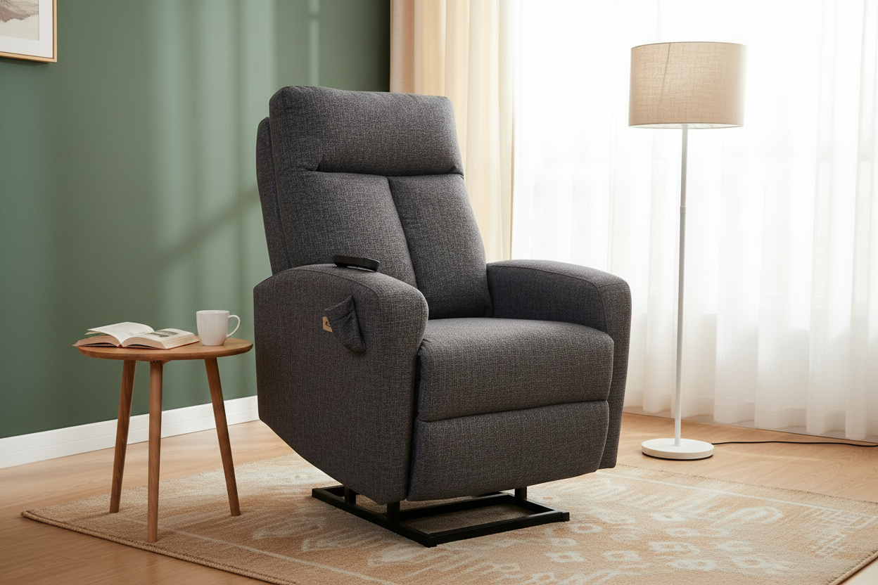 Fauteuil releveur gris avec mur vert sauge