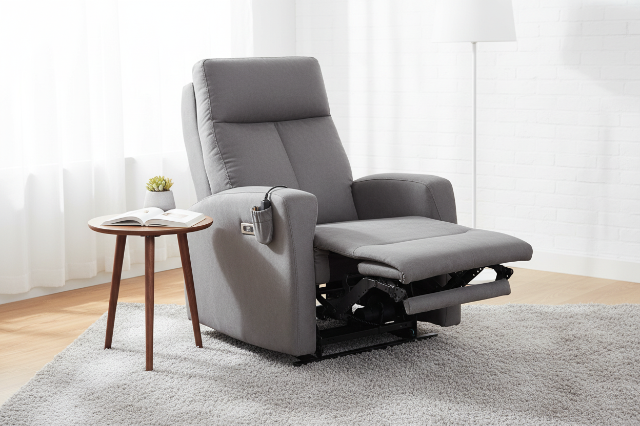 Fauteuil releveur gris microfibre dans un salon moderne lumineux