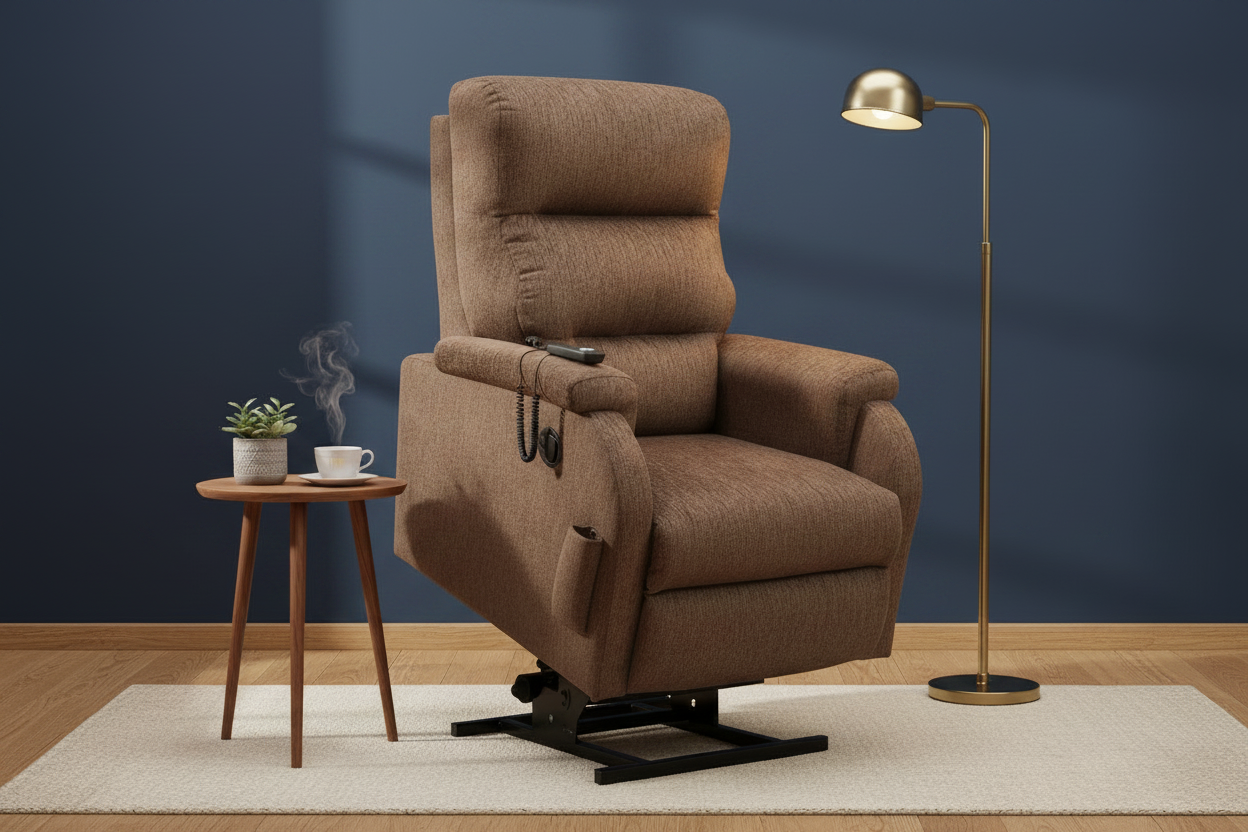 Fauteuil releveur brun dans un salon avec mur bleu marine