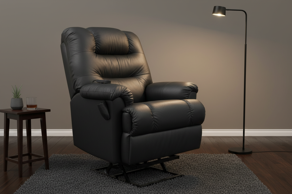 Fauteuil releveur en cuir gris anthracite dans un salon sophistiqué