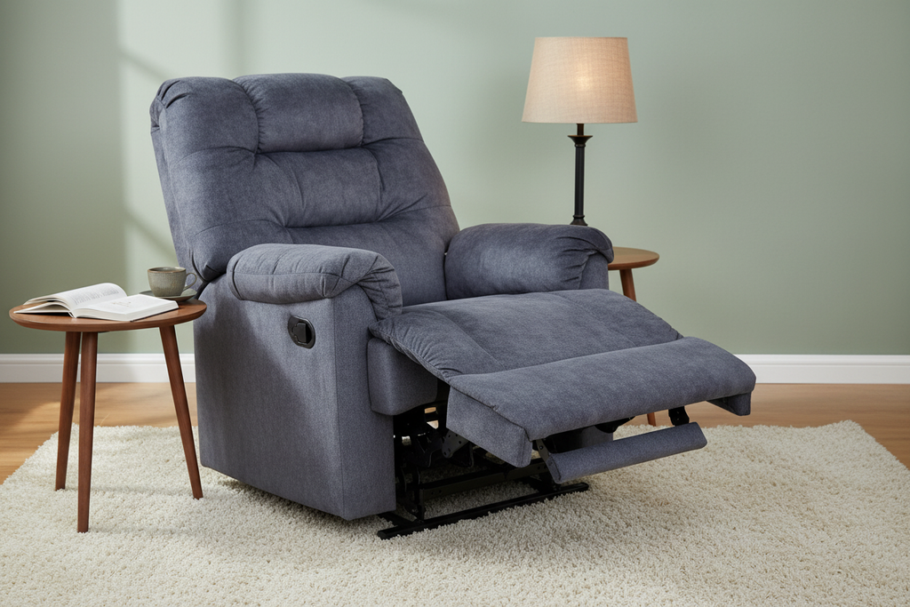 Fauteuil inclinable bleu-gris en position allongée dans un salon moderne