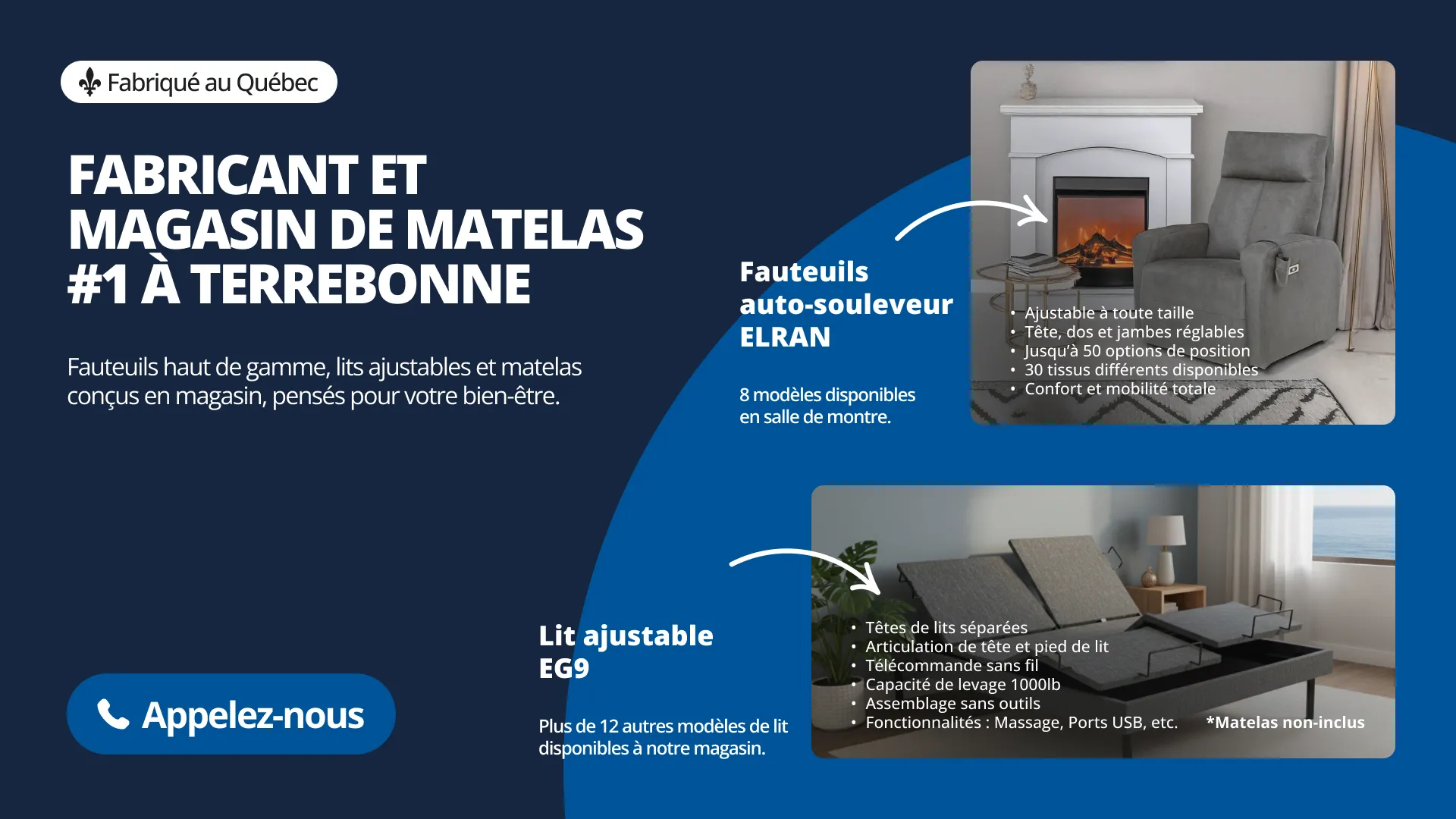 Visuel promotionnel du magasin de matelas #1 à Terrebonne Matelas Bourck, présentant un fauteuil auto-souleveur ELRAN et lit ajustable EG9